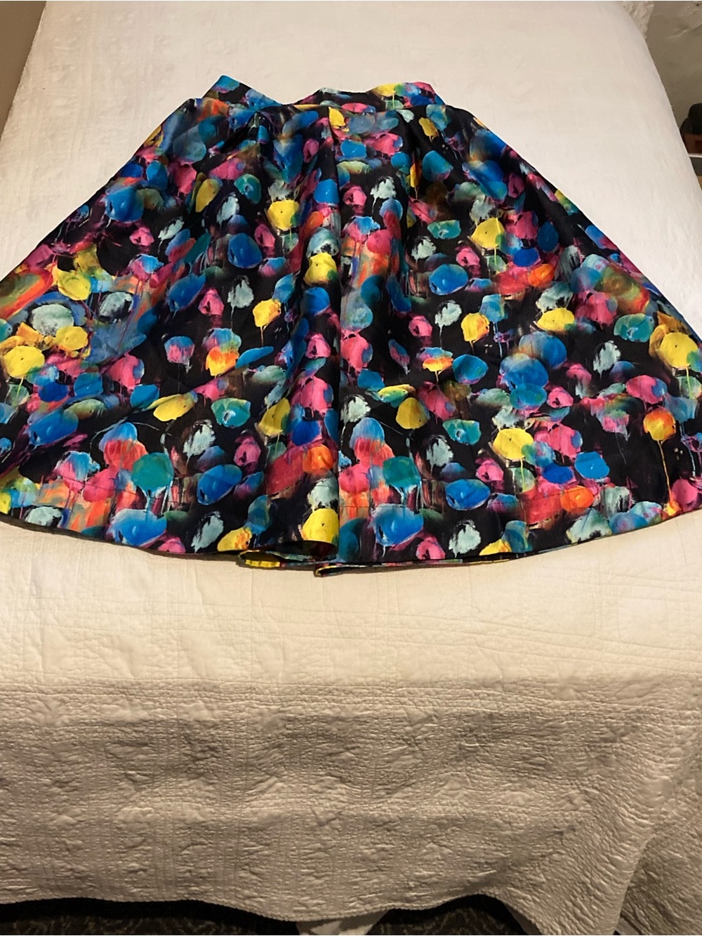 Aqua x Kerri Rosenthal Black Circle Skirt with Bright Paint-Splash Print EUC
